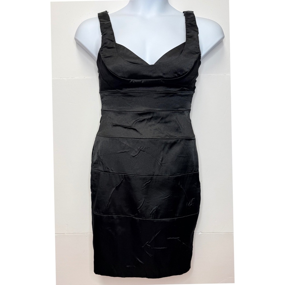 London Times Little Black Dress 10 Satin Tiered Bandage Sleeveless Goth Chic Y2K